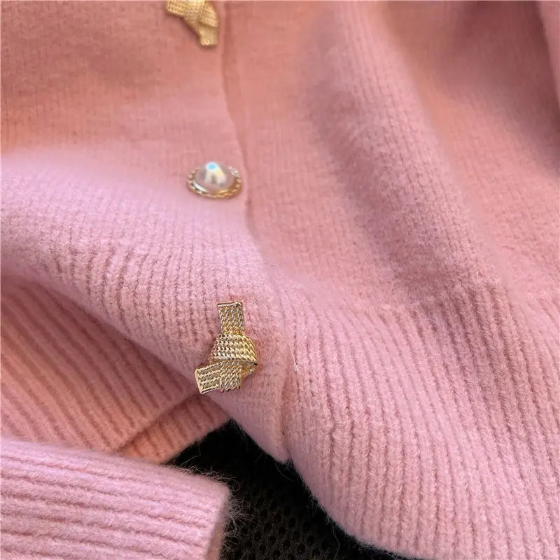 Hnewly  Elegant Metal Button Sweater Solid Long Sleeve Korean  O-Neck Puff Sleeve Knit Cardigan Coat Women Spring  Autumn Loose Top