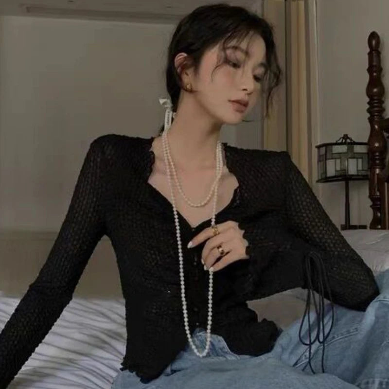 Hnewly Shirts Women Lace-up Sexy Temper Korean Style Simple Personality All-match Leisure New Slim Ladies Spring Delicate Popular Chic