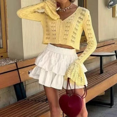 Hnewly  Spring Knitted Cardigan Female Solid V-Neck Hollow Out Short Knitted Top Fashion Casual Loose Commuter Female T-Shirt