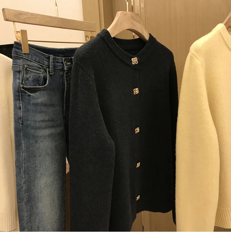 Hnewly  Solid O-Neck Sweater French Elegant Single Breasted Women's Spring Autumn Winter New Fashion All-match Long Sleeve Top Coat