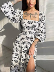 Hnewly  Women Elegant Floral Print Slim Long Dress Sexy Square Neck Backless Full Lantern Sleeve Split Robe Lady Vacation Gowns New