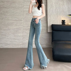 Hnewly  Women's High Waist Fringe Flare Jeans Spring Summer Slim Fit Denim Trousers Raw Hem Bootcut Long Pants