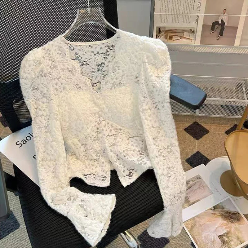 Hnewly Slim Lace Women Blouse Y2K Korean Chic V Neck Bell Sleeve Crop Tops Autumn Elegant Office Lady All Match Tight Shirts New
