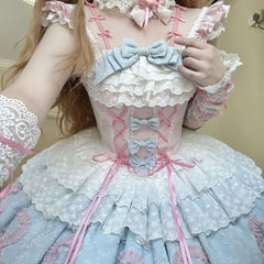 Hnewly  Kawaii Lovely Slim Lolita JSK Princess Dress Women Sweet Bow Lace Bandage Sling Mini Dresses Elegant Cute Pretty New Clothing