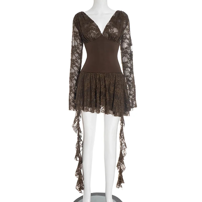 Hnewly  Sexy Lace A-Line Dress Women Spicy Girl Style Long-Sleeved V-Neck Slim Splicing High-Waisted Mini Dress Autumn Winter New
