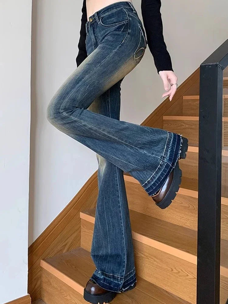 Hnewly New Women American Retro Trashy Y2k 2000s Flare Jeans Lady Elastic Slim Fit Denim Bell Bottom Pants Vintage Retro Blue Trousers