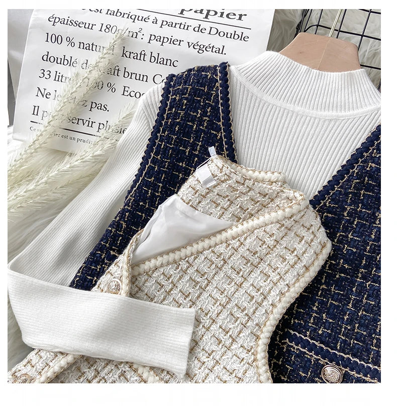 Hnewly  Women New Autumn Tweed Elegant Vintag Vest V-neck Sleeveless Slim Pockets Waistcoat Ladies Fashion Womens Short Small Vest