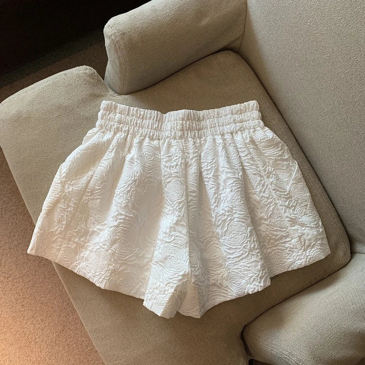 Hnewly  Black White Jacquard Shorts Women 2025 Summer Elastic High Waist Pockets Wide Leg Shorts Woman Loose Streetwear Half Pants