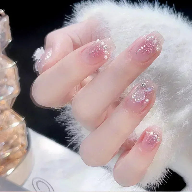Hnewly 24pcs Detachable Short Press on Nails Y2k rhinestone False Nails with Glue Ballet Sweet Cool Girls Artificial False Nails Tips