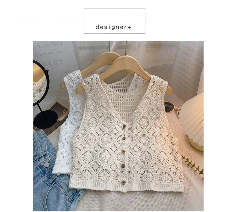 Hnewly Women Summer Hollow Out Knit Vest French Style V-Neck Sleeveless Hooked Flower Sweater 2023 New All-Match Outwear Short Top