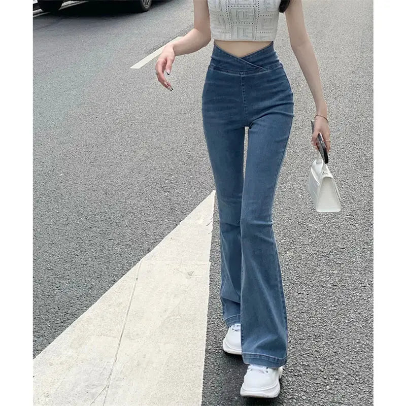 Hnewly Women's Jeans Bell Bottom Trousers Slim Fit Pants for Women Skinny Flared High Waist Shot Blue Flare Harajuku Fashion Retro Emo