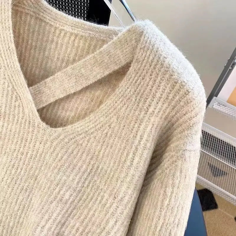 Hnewly Autumn V Neck Hollow Out Knit Sweater Women Winter Warm Casual Solid Jumpers Korean Loose Simple Female Pullovers Sweater New