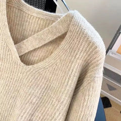 Hnewly Autumn V Neck Hollow Out Knit Sweater Women Winter Warm Casual Solid Jumpers Korean Loose Simple Female Pullovers Sweater New
