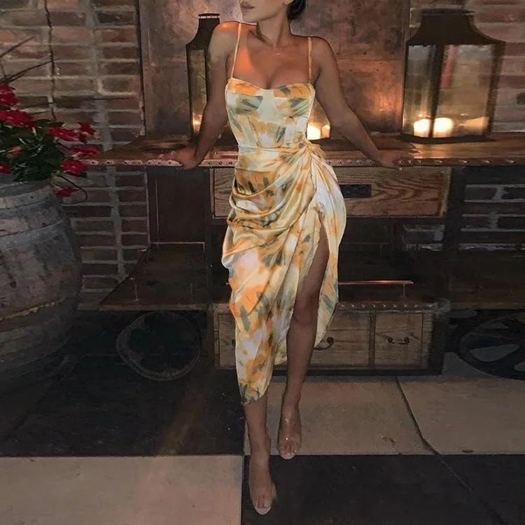 Lunivop  Women Y2k Vintage Yellow Tie Dye Flower Print  Spaghetti Strap Dress Hem Slim Waist Slit Irregular Dresses Sling Vestido