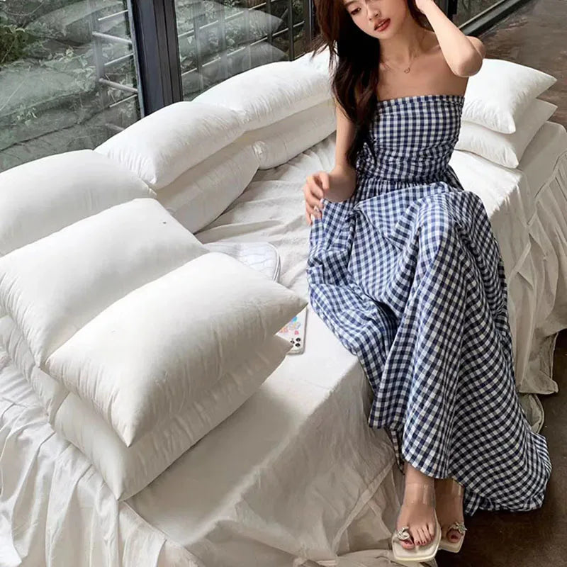 Hnewly Vintage Plaid Dress Women Summer Korean Elegant Tube Top All-Match Midi Dress Y2K Folds Off Shoulder Holiday Beach Vestidos