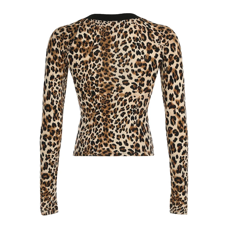 Hnewly Retro Leopard Print Crop Top y2k Vintage Square Collar Lace Stitching Full Sleeve T-shirt 2024 Autumn Harajuku Tees Lady