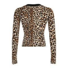 Hnewly Retro Leopard Print Crop Top y2k Vintage Square Collar Lace Stitching Full Sleeve T-shirt 2024 Autumn Harajuku Tees Lady