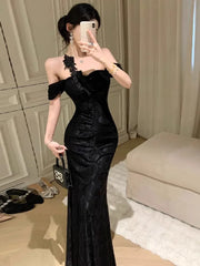 Hnewly  Woman Dress Slash Neck Sexy Flowers Off Shoulder Backless Vintage Elegant Temperament Party Mermaid Dress Female Cocktail