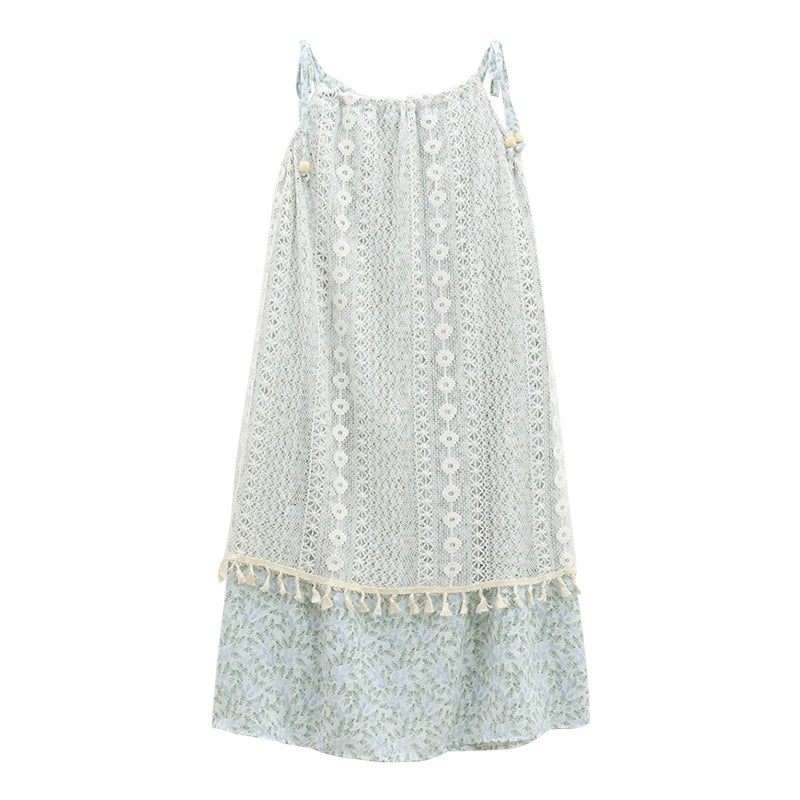 Hnewly  Retro Knitted Tassel Splicing Strap Dress Women's Spring New Korean Style Sweet Loose Personality Long Dress