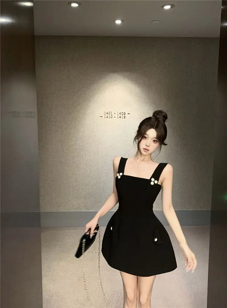 Hnewly  Woman Dress Sleeveless Square Collar Slim Elegant Vintage Temperament Summer Fashion Mini Dresses Female Party Sexy