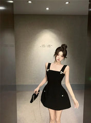 Hnewly  Woman Dress Sleeveless Square Collar Slim Elegant Vintage Temperament Summer Fashion Mini Dresses Female Party Sexy