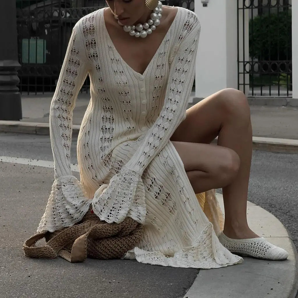 Hnewly Women Y2K Chic Flare Long Sleeve Aesthetic Button-down V-Neck Ruffle Hem Hollow Out Knitted Long Dress Boho Beachwear