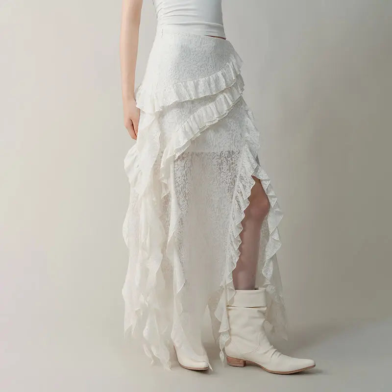Hnewly  Gothic Black Y2k Skirts Women Gyaru 2000s Lace Irregular Long White Skirt Streetwear Irregular Ruffle Skirts Aesthetic