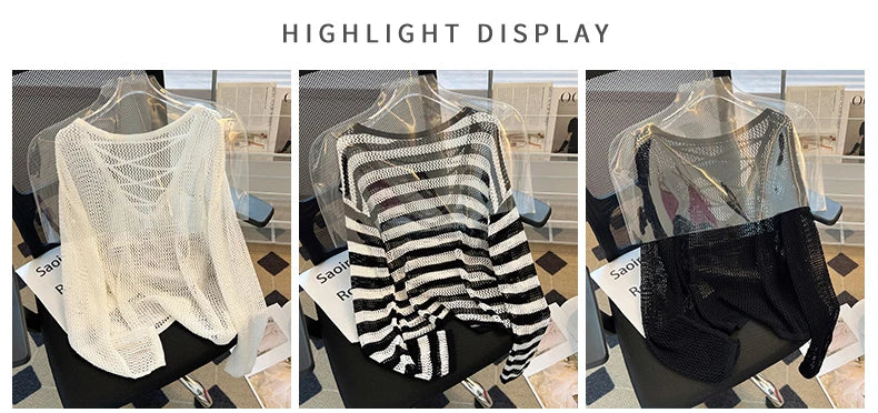 Hnewly Black White Striped Ice Silk Knitted Sweater Women Long Sleeved Loose Lazy Style Mesh Pullover Spicy Girl Hollow Out Top