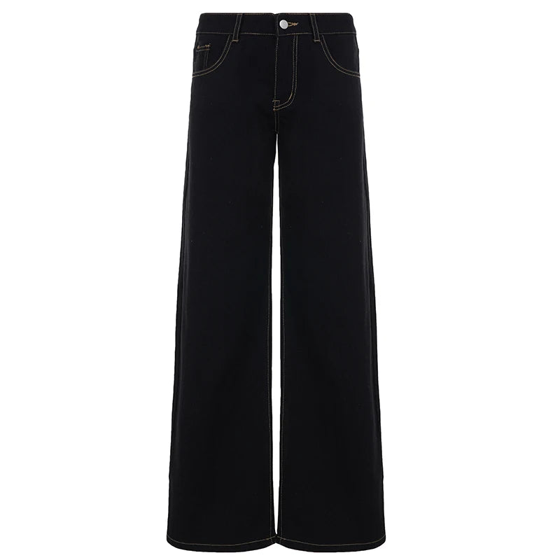 Hnewly  Retro Black Loose Wide Leg Denim Jeans Women's All-Match Low Waist Trousers Y2K Streetwear Denim Trousers Casual Outfit