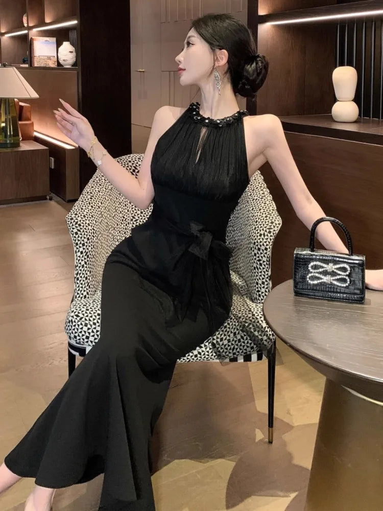 Hnewly  Woman Dress Temperament Beaded Sleeveless Halter Elegant Mesh Patchwork Vintage Temperament Dresses Party Ladies