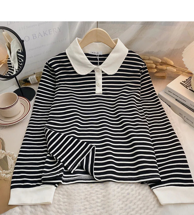 Hnewly  Classic Black White Striped Sweatshirts Casual Loose Turn-down Collar  Women's Spring 2025 New Korean Long Sleeve T-shirt Top