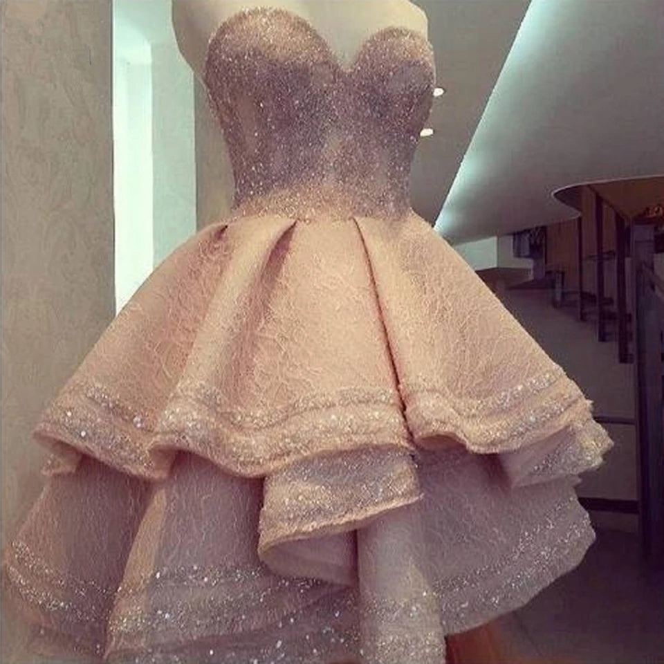 Hnewly  Elegant Light Pink Cocktail Dresses Formal Party Prom Dress Ruffles Sequins Lace Graduation Sweetheart Neck Evening Gowns