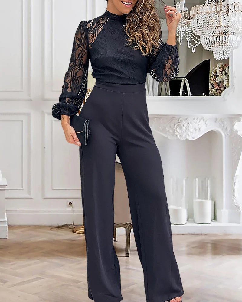 Hnewly 2025 Spring Contrast Lace Stand Collar Tied Detail Backless Lantern Sleeve Elegant Jumpsuit