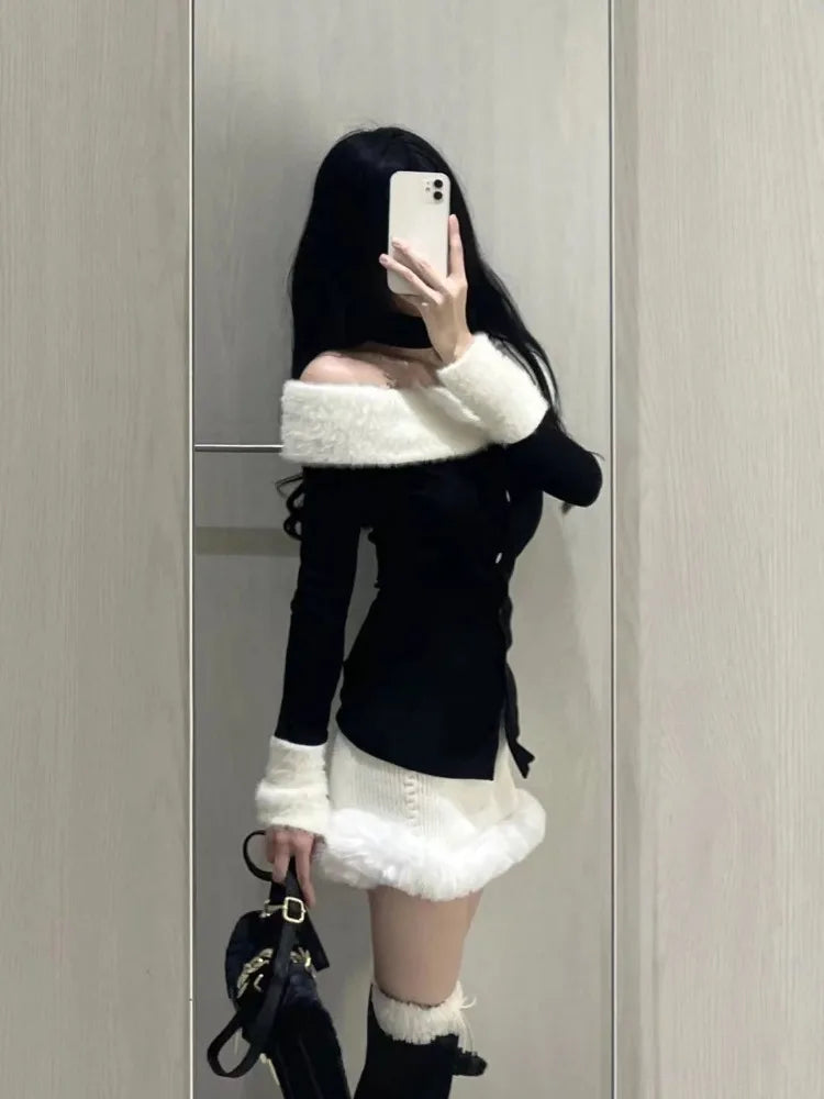 Hnewly trashy outfits Fashion Sexy Off Shoulder Long Sleeve Slim Fit Tops Women+ Y2k High Waist Bodycon Skirts Early Autum New Two Piece Sets