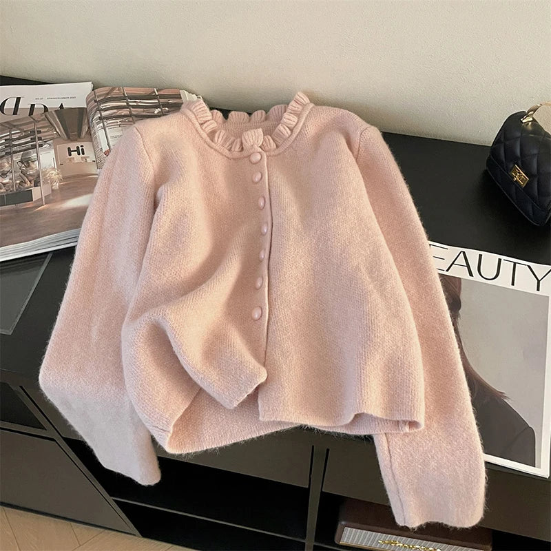 Hnewly Sweet Ruffles Women Cardigan Autumn New Solid Single-Breasted Crop Sweater Korean Fashion Simple Elegant Knit Coats Mujer