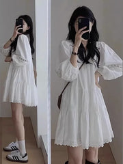 Hnewly  New Ethnic Style Hollow out Long Sleeve Dress Summer Fashion Loose A-Line  Skirt Women's Clothing Casual Breathable