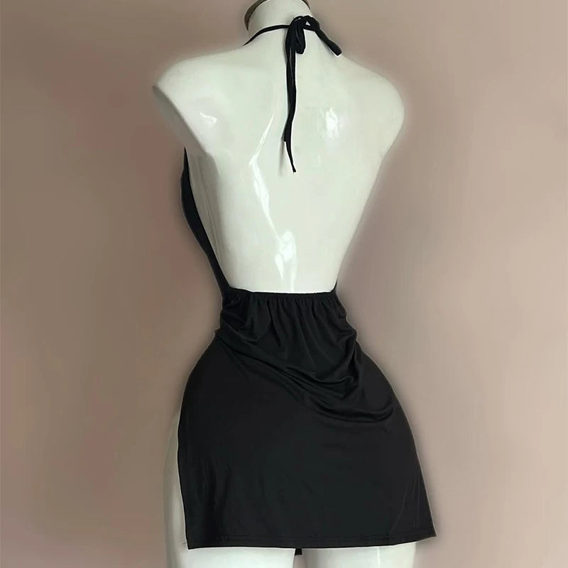 Hnewly Backless Bandage Dress Sexy Girl Black V Neck Elegant Irregular Slim Sweet Korean Women Mini Dresses 2025 New Fashion Nightclub