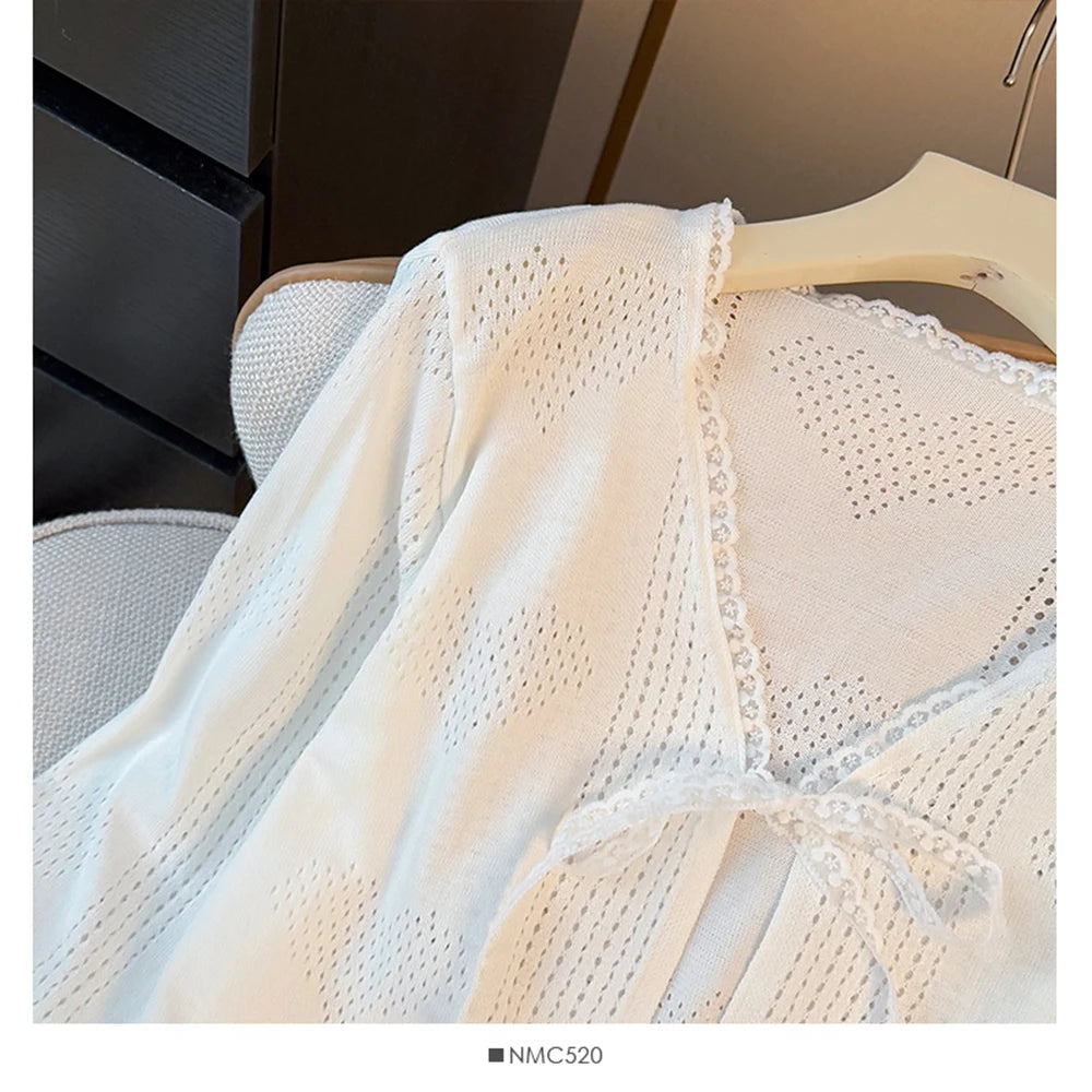 Hnewly  Sweet Lace Trim Heart Hollow Knit Cardigan Women's V-Neck Long Sleeve Early Autumn Bow Tie Loose Fit Female Short Tops