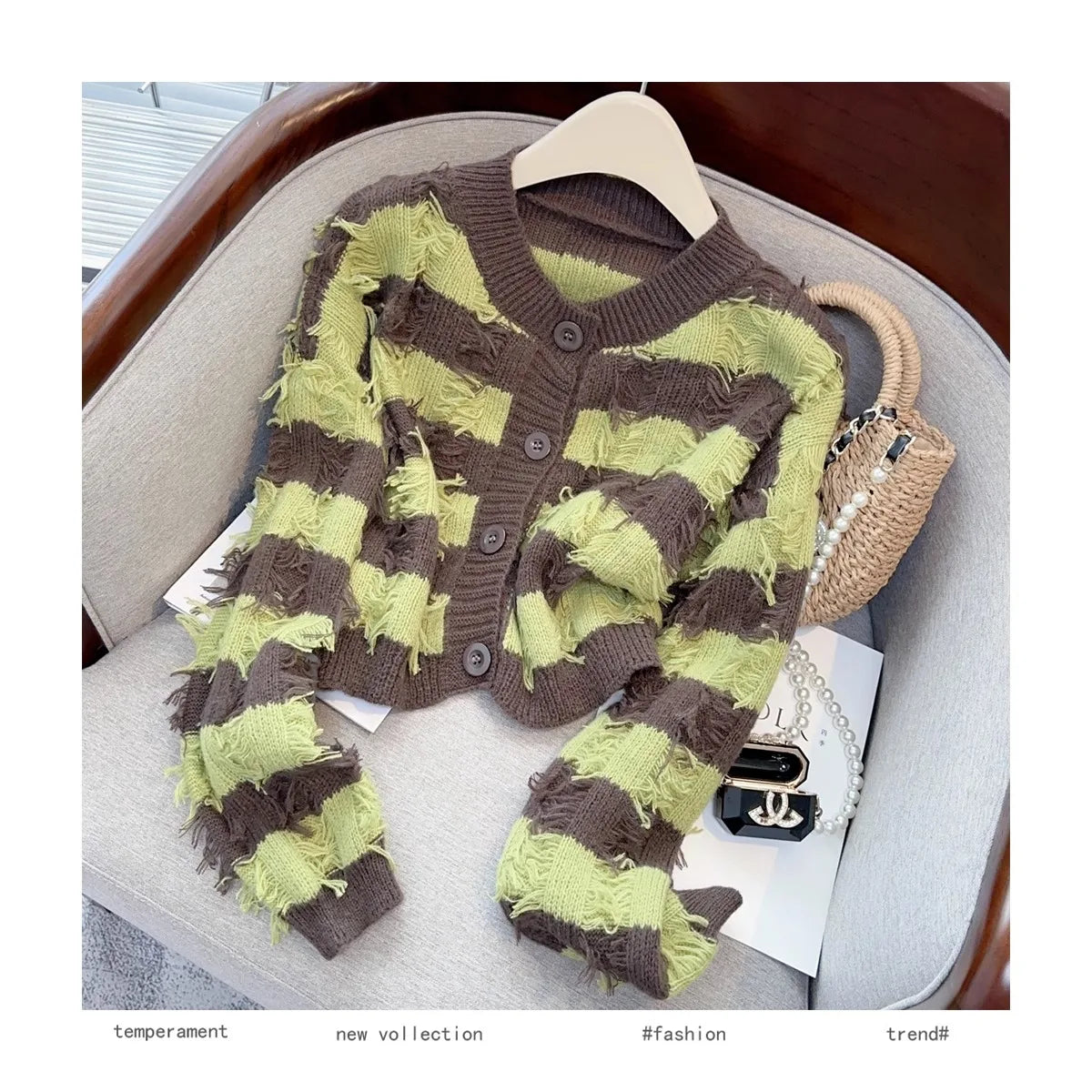 Hnewly Striped Fashion Tassel Sweater Women's Autumn Single Breasted  O-Neck New Short Knitted Cardigan Long Sleeve Top