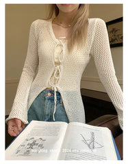 Hnewly  Tie Front Open Knit Cardigan Women Long Sleeve Longline Sweater Jacket Sheer Beach Cover-Up Ladies Boho Vacation Outfit