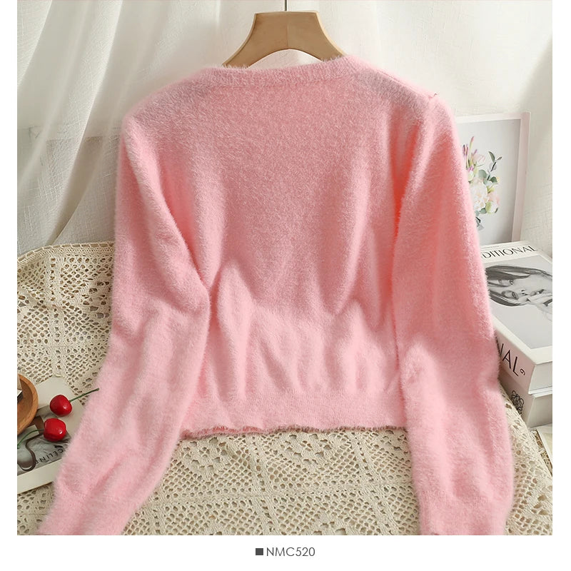 Hnewly  Women's Short Sweater Autumn Winter Fashion Beaded Slim Long Sleeve Pullover Korean Versatile O-neck Loose Knitted Tops