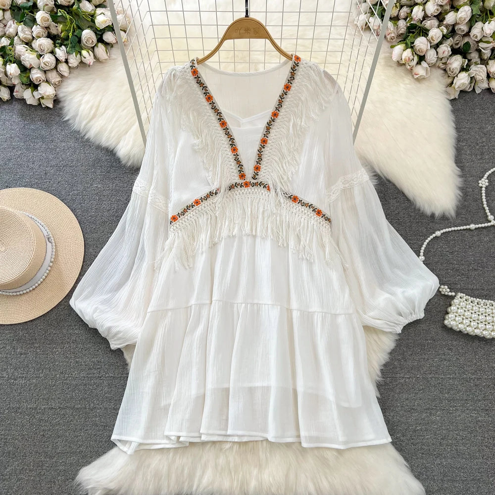 Hnewly  Tassel Patchwork V-neck Vacation Dress Sweet Lantern Sleeves Loose Mid Length A-line Dresses Elegant Embroidery Beach Vestido