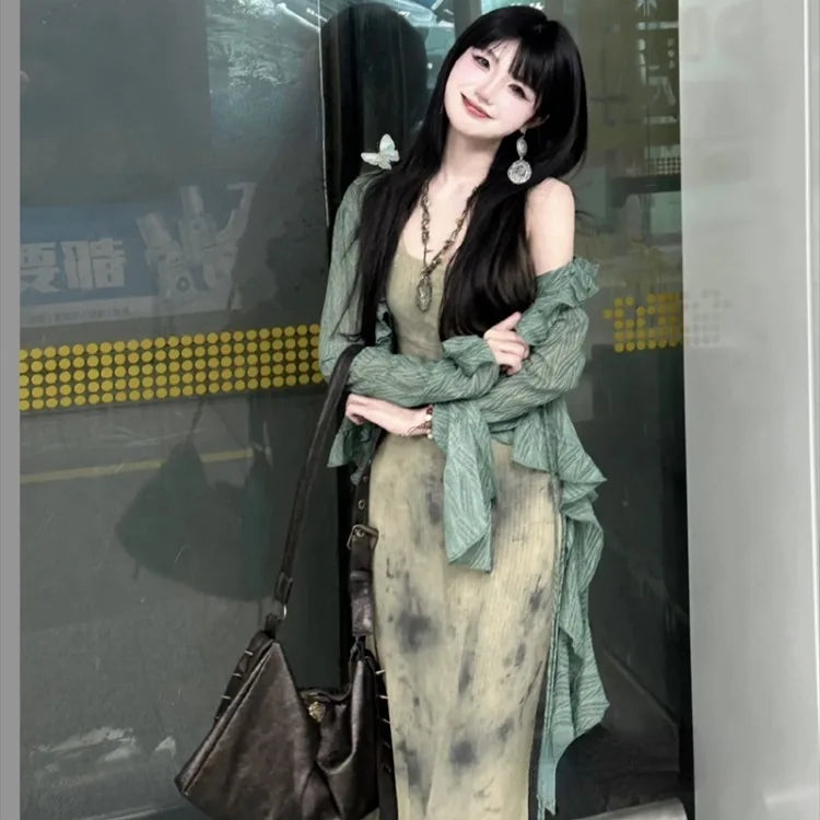 Hnewly New Chinese Style Halo Dyeing Slim Fit Camisole Dresses+ Y2k Ruffles Long Sleeve Green Cardigan Spring Two Piece Sets