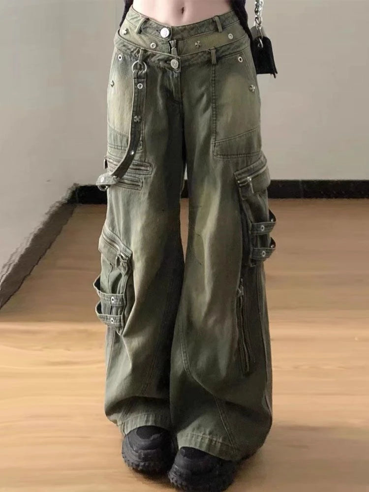 Hnewly Women's Multi Zipper Design Neutral Style Jeans American Vintage Casual Denim Trousers Female High Waist Straight Pants