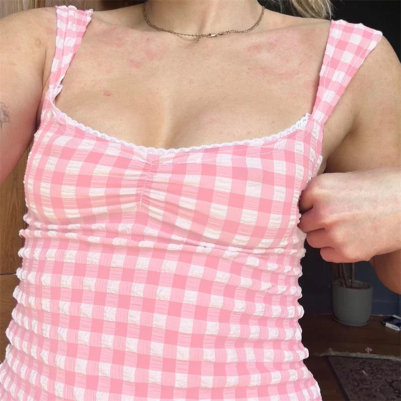 Hnewly y2k Tops for Women Summer Fairycore Clothing Plaid Print Lace Trim Sleeveless Tanks T Shirts 2000s Clothing Streetwear