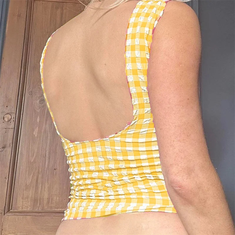 Hnewly y2k Tops for Women Summer Fairycore Clothing Plaid Print Lace Trim Sleeveless Tanks T Shirts 2000s Clothing Streetwear