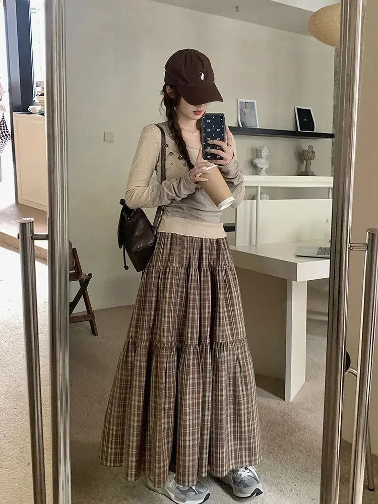 Hnewly Plaid Long Skirt Women Vintage Elegant Preppy Style Midi Skirts Harajuku Autumn Winter Casual Streetwear A-line Skirts