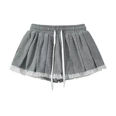 Hnewly  Summer Korean fashion grey mini skirt kawaii y2k cute clothes lace skirts for woman high waist skirts with lace trim drawstrings