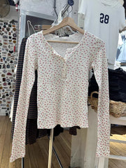 Hnewly  Pink Floral Waffle Long Sleeve T-Shirt Woman Spring Buttons Round Neck Cotton Slim Tee Top Sweet Cute Preppy Style Tshirt Y2k