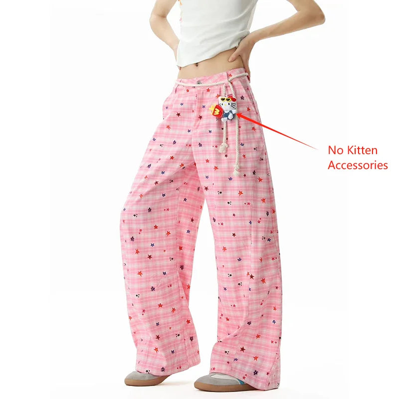 Hnewly Retro Plaid Patchwork Casual Pants Women Summer High Waist No Pendant Loose Wide Leg Pants Y2K Korean All Match Jogging Trousers